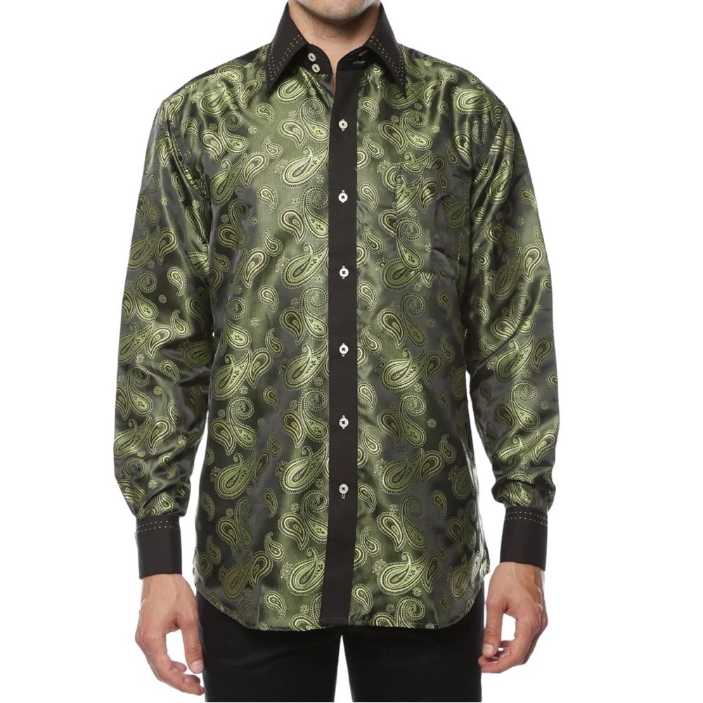 FERRECCI Mens Satine Hi-1010 Green Paisley Button Down Dress Shirt